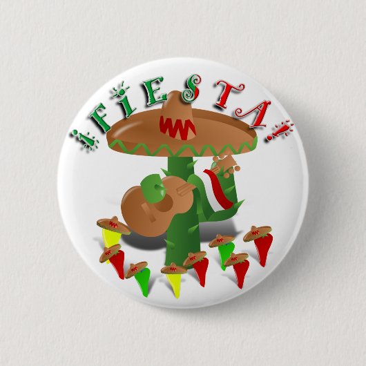 Badge Rond 5 Cm Fiesta Cactus avec Sombrero & Guitare (Devant)
