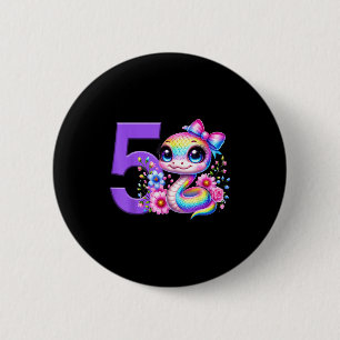 Badge Rond 5 Cm Fille 5 ans Anniversaire Serpent Fête Arc-en-ciel