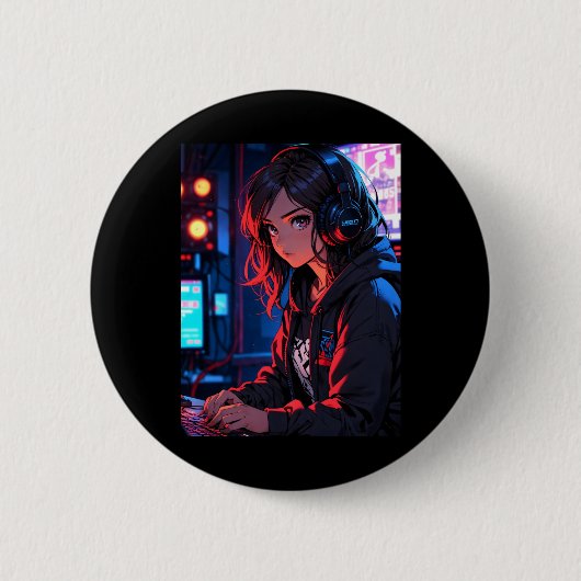 Badge Rond 5 Cm Fille Anime Rétro Joueuse Configuration de Streami (Devant)