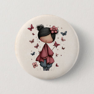 Badge Rond 5 Cm Fille avec baguette magique et papillons mignonne