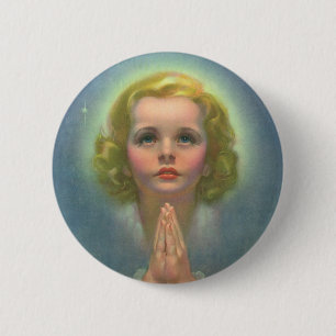 Badge Rond 5 Cm Fille Blonde Angélique avec un Halo et des Étoiles