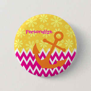 Badge Rond 5 Cm Fille Chevrons Rose Ancre orange avec nom