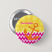Badge Rond 5 Cm Fille Chevrons Rose Ancre orange avec nom (Devant & derrière)