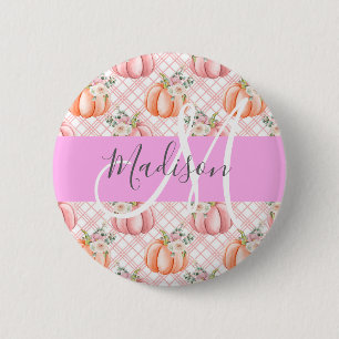 Badge Rond 5 Cm Fille Chic Floral Rose Pêche Citrouille Nom du mon