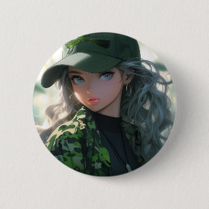 Badge Rond 5 Cm Fille d'anime de chasseur militaire de camouflage