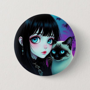Badge Rond 5 Cm Fille d'anime et chat siamois
