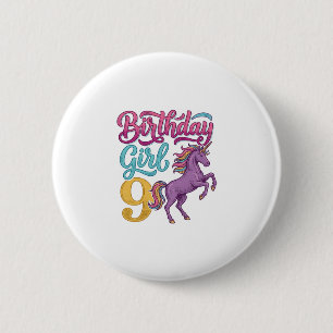 Badge Rond 5 Cm Fille d'anniversaire 9 Licorne Dessin de gravure v