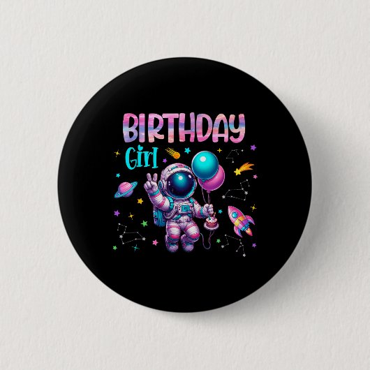 Badge Rond 5 Cm Fille d'anniversaire Astronaute Espace Système Sol (Devant)
