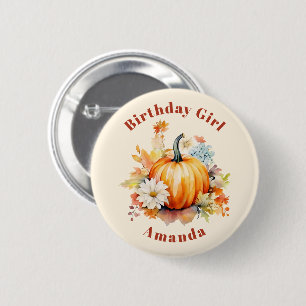 Badge Rond 5 Cm Fille d'anniversaire Citrouille orange et Fleurs A