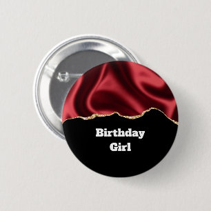 Badge Rond 5 Cm Fille d'anniversaire Noir rouge foncé Glam Wavy Sa