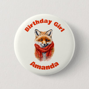 Badge Rond 5 Cm Fille d'anniversaire Renard mignon dans une écharp