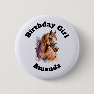 Badge Rond 5 Cm Fille d'anniversaire Tête de cheval brun Portrait