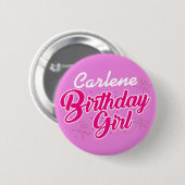 Badge Rond 5 Cm Fille d'anniversaire Typographie rose avec NOM sur (Devant & derrière)