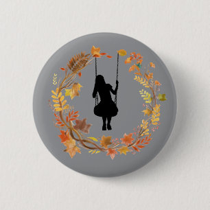 Badge Rond 5 Cm Fille d'automne sur graphique de balançoire _Feuil
