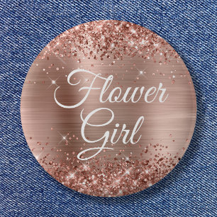 Badge Rond 5 Cm Fille de fleurs paillettes rose or métallisé