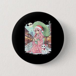 Badge Rond 5 Cm Fille de kimono d'anime Noël Japon Chat Xmas Japon