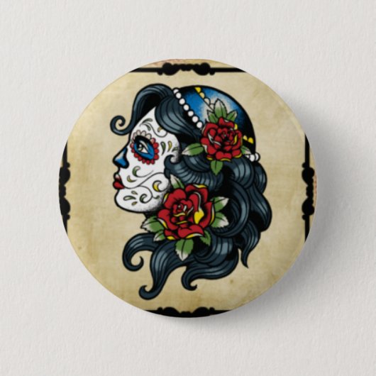 Badge Rond 5 Cm fille de tatouage de crâne (Devant)
