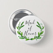 Badge Rond 5 Cm Fille d'honneur. Feuilles verts. Jardin mariage d' (Devant & derrière)