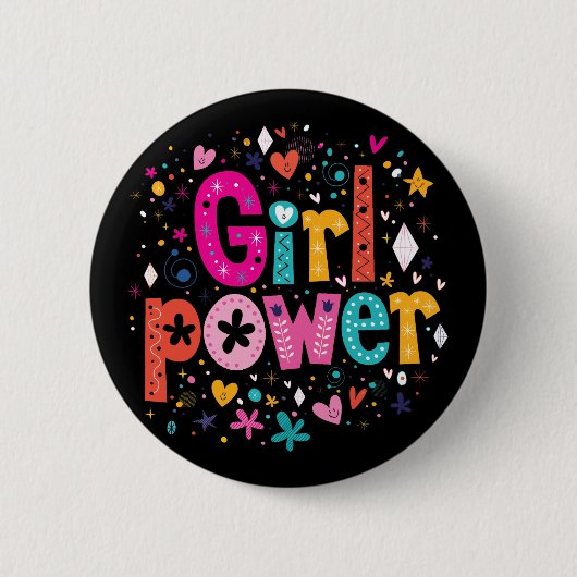 Badge Rond 5 Cm Fille Eclectique Fleur Fille Puissance Bouton noir (Devant)