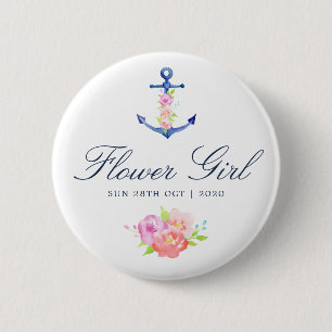 Badge Rond 5 Cm Fille Fleur Mariage Floral Aquarelle Nautique