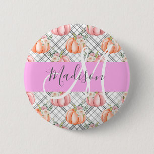 Badge Rond 5 Cm Fille Floral Gris rose Pêche Citrouille Nom