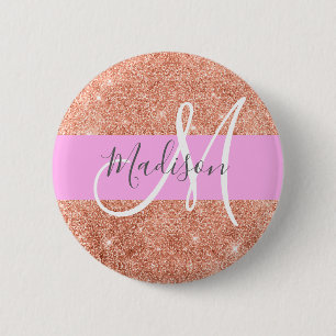 Badge Rond 5 Cm Fille Glam Peach Gold Parties scintillant Nom du m