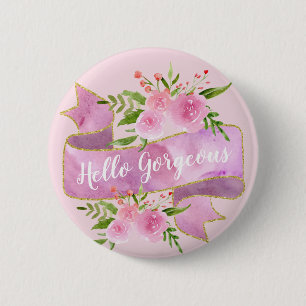 Badge Rond 5 Cm Fille Joli Floral Rose Rose Bonjour Gorgeous Or