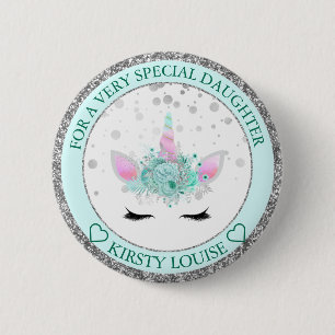 Badge Rond 5 Cm Fille Joli Minte & Licorne Florale Argentée Visage