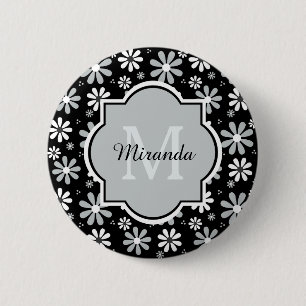 Badge Rond 5 Cm Fille Monogramme Noir Blanc Fleurs Faisées Avec No