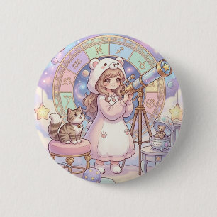 Badge Rond 5 Cm Fille Ours Mignonne Téléscope Astrologie Pastel Ae