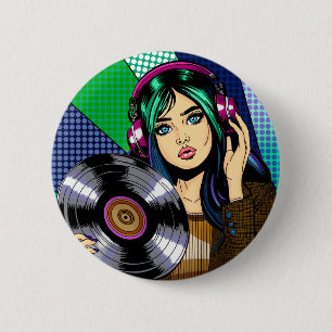Badge Rond 5 Cm Fille Pop Art avec disque