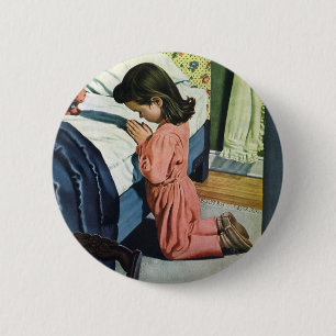 Badge Rond 5 Cm Fille priant au coucher, la prière du Seigneur