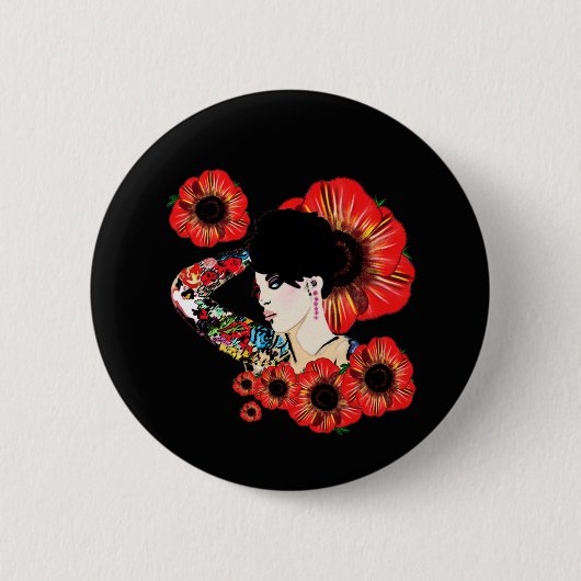 Badge Rond 5 Cm Fille tatouée au milieu des fleurs de pavot Art pa (Devant)