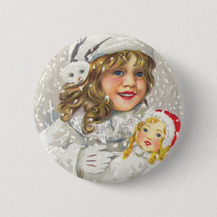 Badge Rond 5 Cm Fille victorienne de Noël vintage avec poupée dans