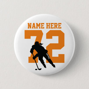 Badge Rond 5 Cm Filles personnalisées Hockey Nom Numéro Orange