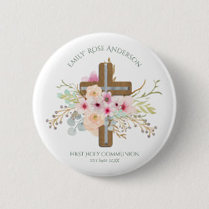 Badge Rond 5 Cm Filles Première Sainte Communion Croix Florale Cus
