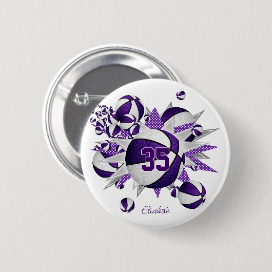 Badge Rond 5 Cm filles sport violet cadeaux basket-ball étoiles (Devant & derrière)