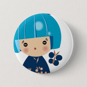 Badge Rond 5 Cm Fin bleue de triplet de Kokeshi vers le haut de