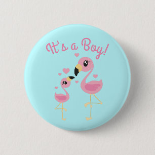 Badge Rond 5 Cm Flamant rose Baby shower Tropical C'est un garçon