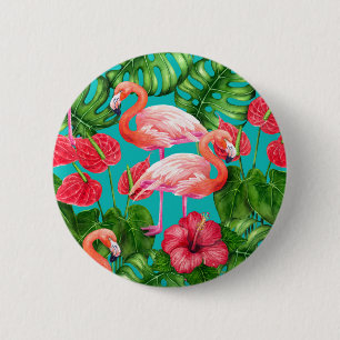 Badge Rond 5 Cm Flamant rose et aquarelle du jardin tropical