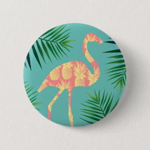 Badge Rond 5 Cm Flamant rose et feuillage tropicaux d'ananas