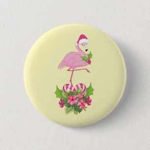 Badge Rond 5 Cm Flamant rose rose à Santa Hat Noël Whimsical
