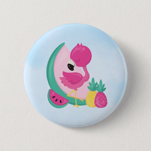 Badge Rond 5 Cm Flamant rose rose avec pastèque et ananas (Devant)