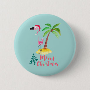 Badge Rond 5 Cm Flamant rose Rose Dans Un Chapeau De Père Noël Par