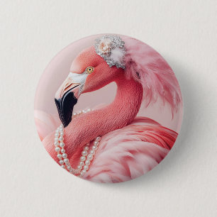 Badge Rond 5 Cm Flamant rose rose élégant avec perles et plumes