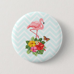 Badge Rond 5 Cm Flamant rose rose & Hibiscus Tropical Fancy