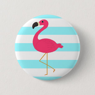 Badge Rond 5 Cm Flamant rose rose sur les rayures turquoises