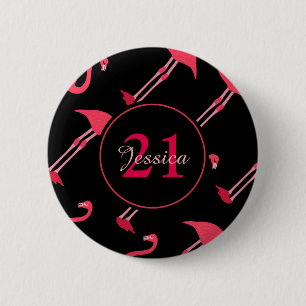 Badge Rond 5 Cm Flamants roses roses sur Noir 21e anniversaire Per