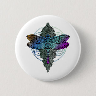 Badge Rond 5 Cm Fleur couleur Mandala Dragonfly T Shirt Lotus