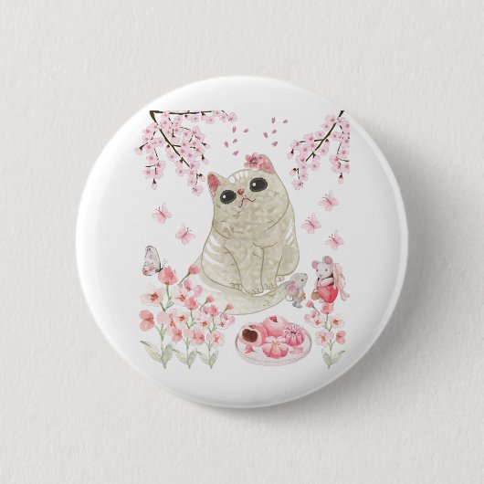Badge Rond 5 Cm Fleur de cerise de chat mignonne (Devant)